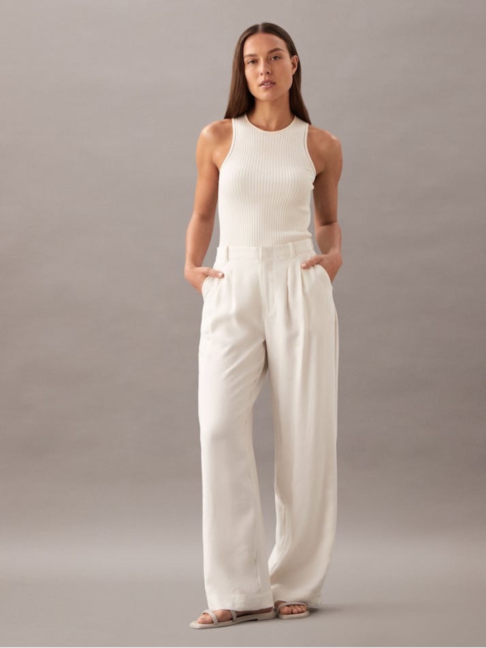 Calvin Klein High-Rise Wide-Leg Cream Trousers size 8